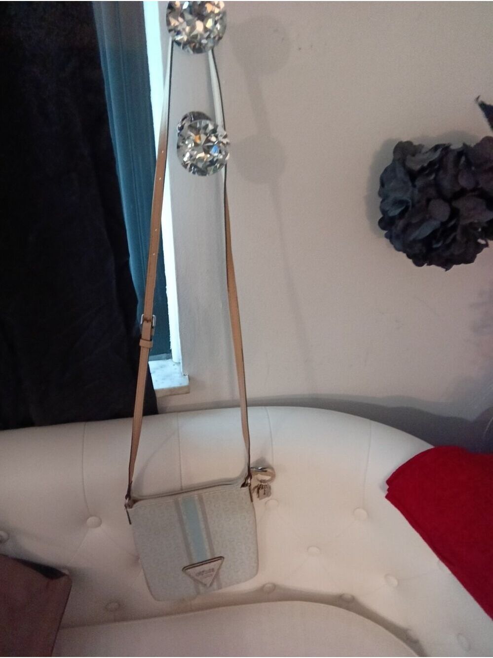 Guess Light Blue Logo Crossbody Bag Beige Strap Triangle Logo Purse